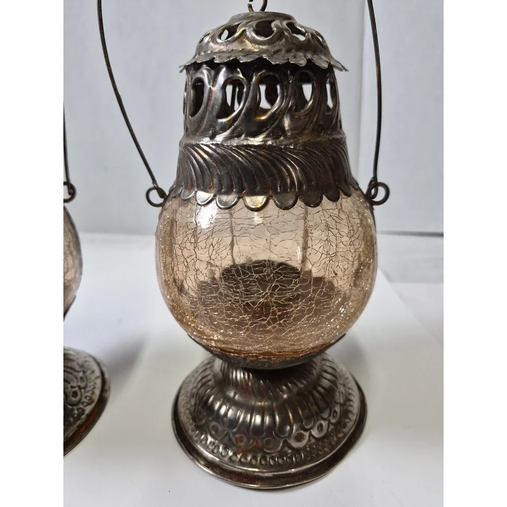 Vintage Silver Tone Crackle Glass Tea Light Lanterns Set of 2 Amber Boho Decor